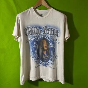 Billie Eilish Graphic T Shirt White Blue Portrait Logo Print Size Medium‎
